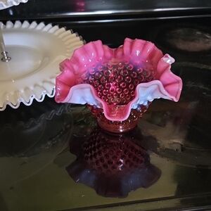 Pink and White Hobnail Glass Bowl Cranberry Fenton